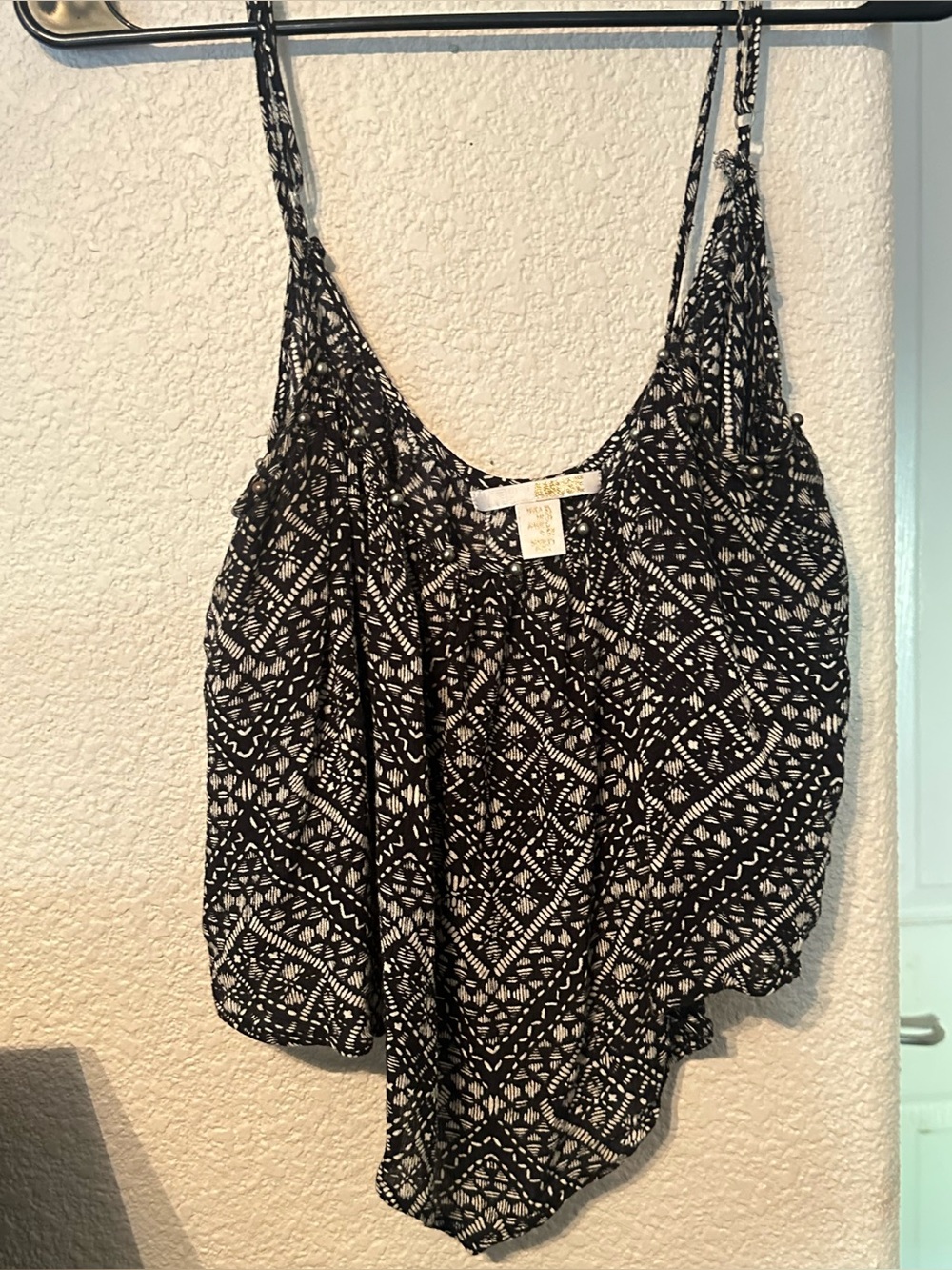 AMUSE SOCIETY Black & Cream Printed Tank Crop Top with Chrome Pearl Buttons